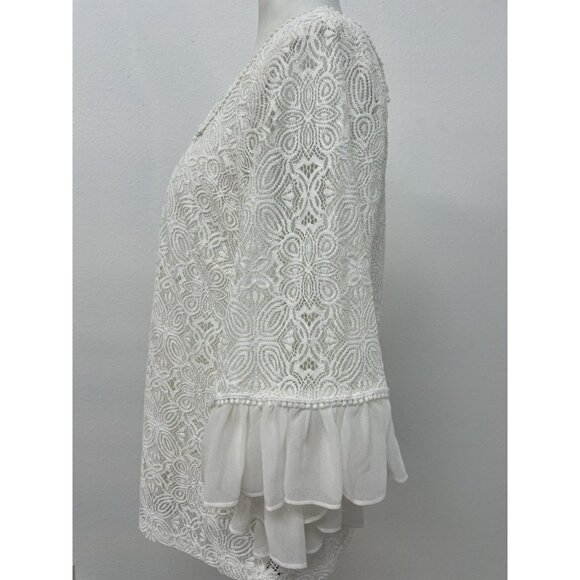 White House Black Market Lined White Lace Top Chiffon Ruffle Sleeves Sze S - Picture 5 of 16